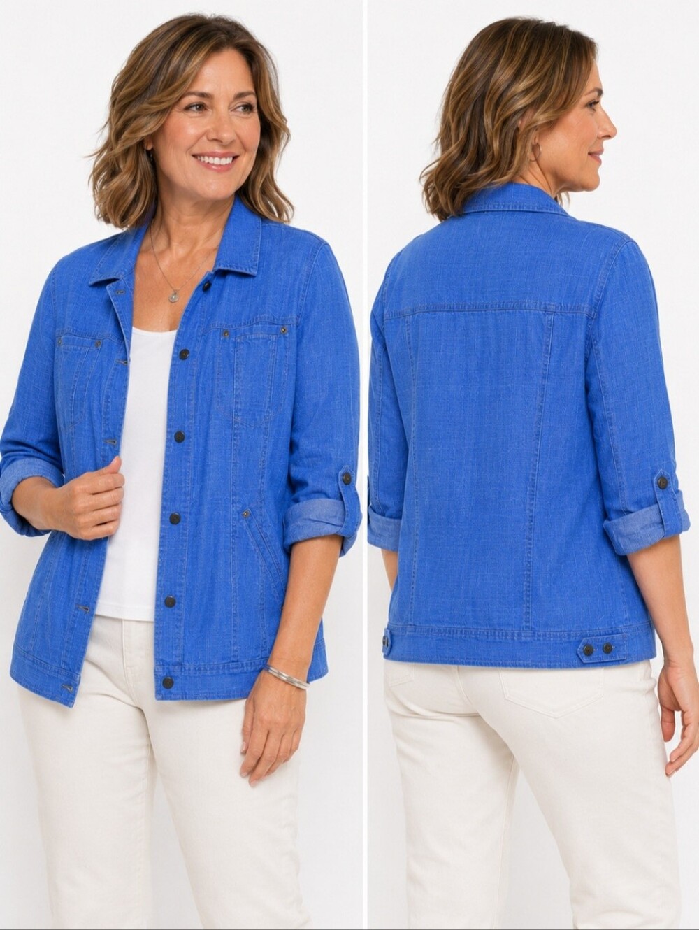Coldwater Creek Blue Linen Lyocell Roll Tab Utility Jacket Size 16